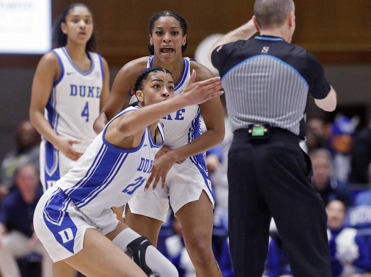 Duke’s Arianna Roberson protests a call by an official during the second half of the Blue Devils’ 83-65 win over N.C. State on Thursday, Feb. 19, 2026, at Cameron Indoor Stadium in Durham, N.C. 