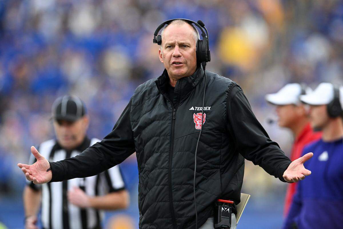 NC State coach Dave Doeren reacts during the first quarter against the Pittsburgh Panthers at Acrisure Stadium on Oct. 25, 2025 in Pittsburgh.