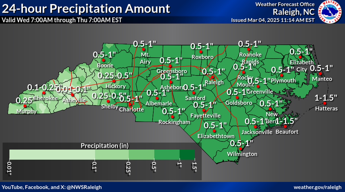 A cold front crossing North Carolina on Wednesday, March 5, 2025, will bring up to an inch of rain to the Triangle. Severe storms with strong winds and hail are possible. There is a moderate risk of severe weather, including tornadoes, in the central part of the state.