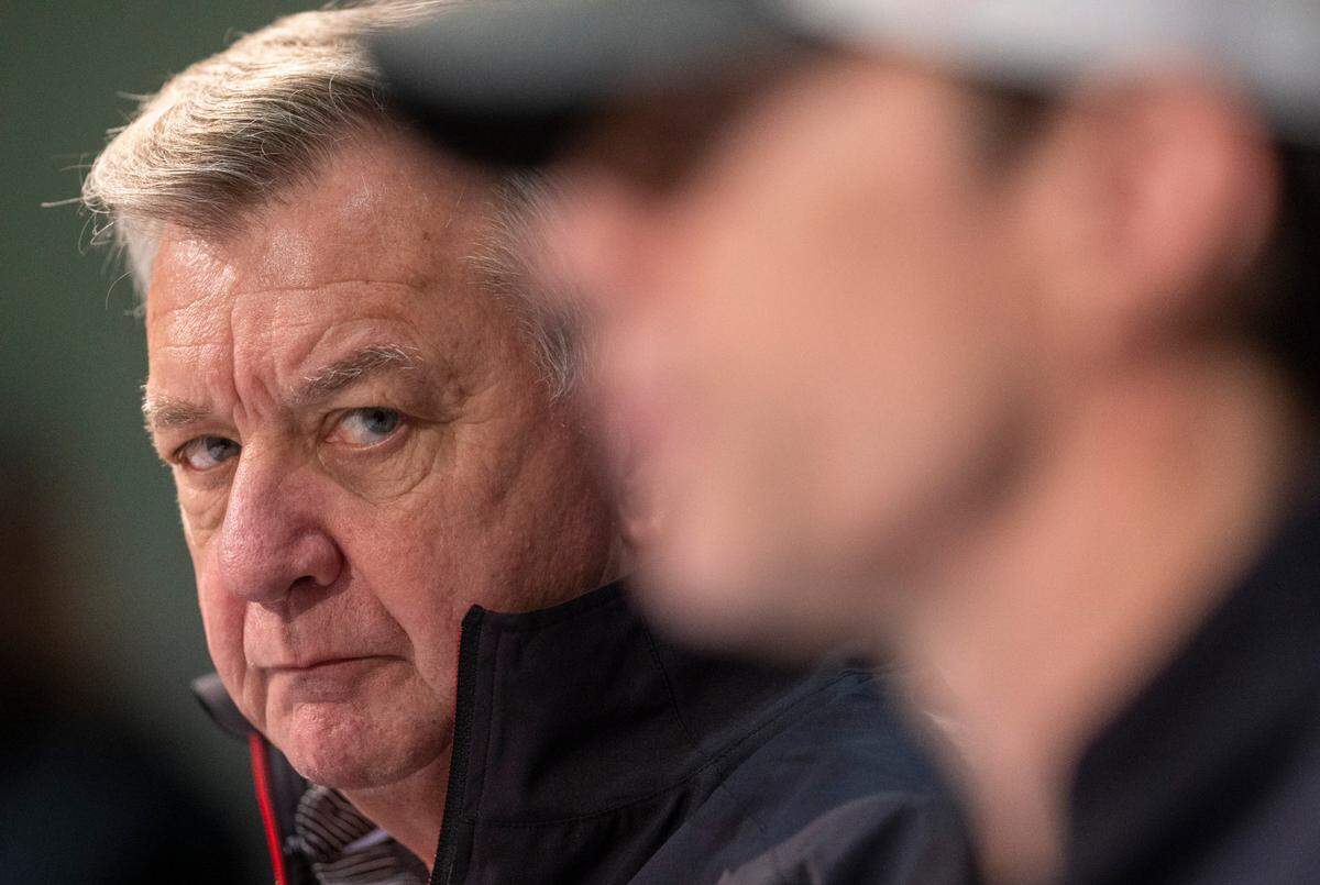 Carolina Hurricanes general manager Don Waddell listens to Carolina Hurricanes coach Rod Brind’Amour during a media availability following practice on Wednesday, May 17, 2023 at PNC Arena in Raleigh, N.C