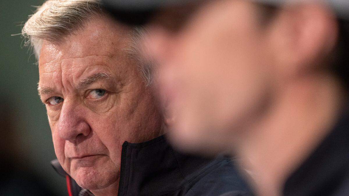 Carolina Hurricanes general manager Don Waddell listens to Carolina Hurricanes coach Rod Brind’Amour during a media availability following practice on Wednesday, May 17, 2023 at PNC Arena in Raleigh, N.C