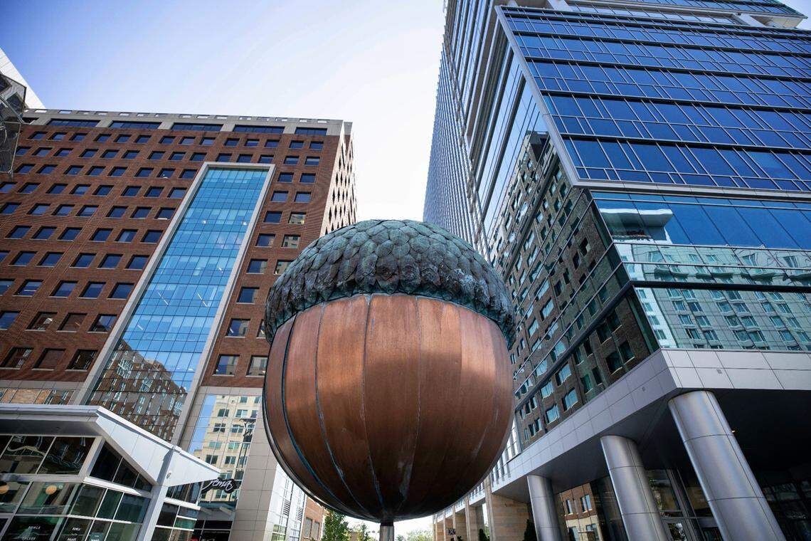 Raleigh’s acorn sculpture has been moved to a new location downtown in the 100 block of Fayetteville Street. The symbol of the Oak City sculpted by David Benson 1992 after being commissioned for Raleigh’s bicentennial. It is lowered at midnight during First Night festivities welcoming in the New Year