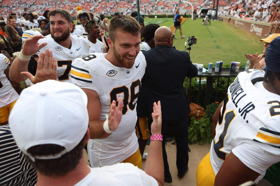 California Golden Bears tight end J.T. Byrne (88) celebrates with fans after the Golden Bears beat the Auburn Tigers at Jordan-Hare Stadium on Sept. 7, 2024.