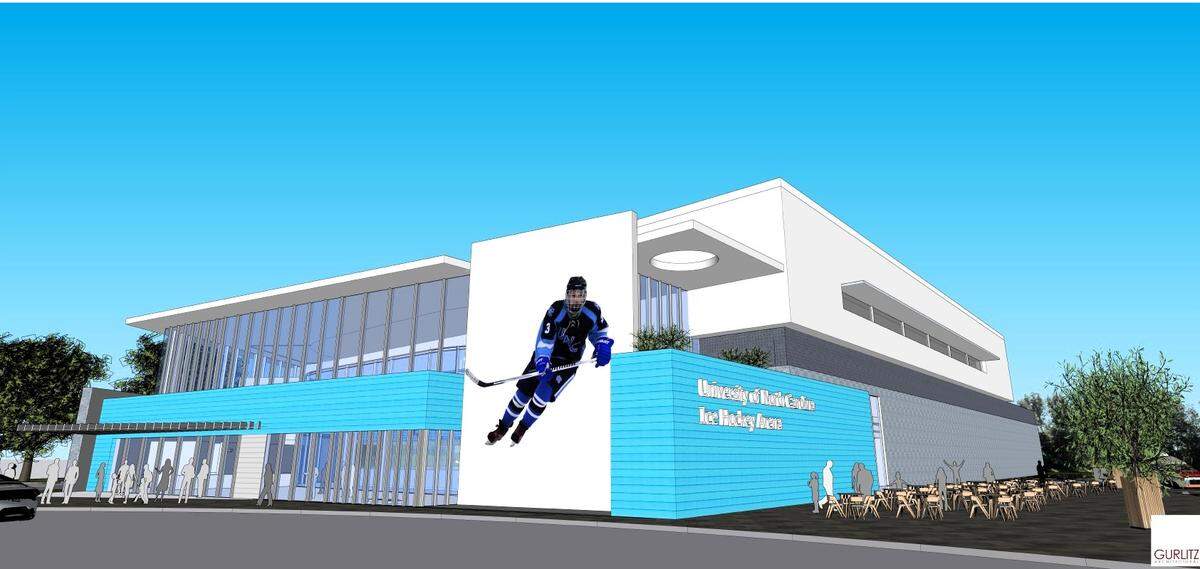 An architect’s view of the proposed UNC ice hockey rink at Carraway Village. The roughly four-acre project would be located behind the Chapel Hill Transit park-and-ride lot and west of a new self-storage building and the future Putt-Putt Fun Center off Eubanks Road.