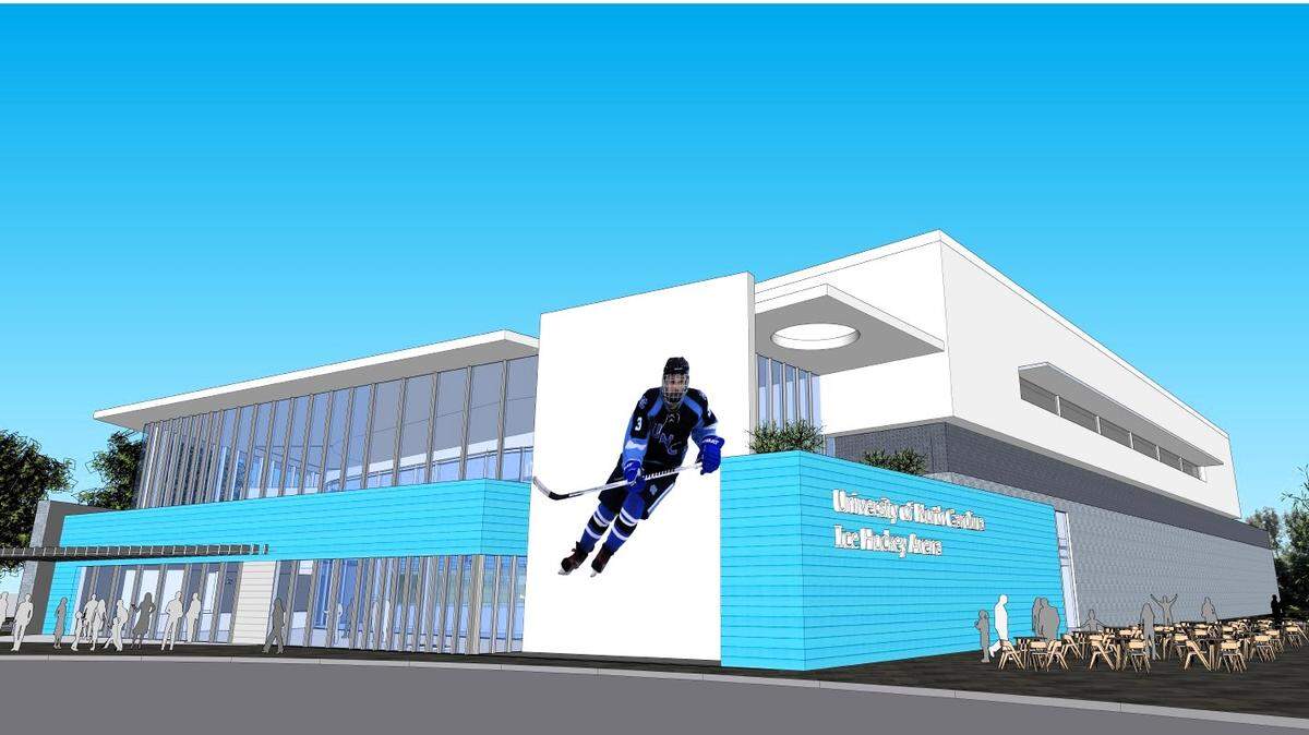 An architect’s view of the proposed UNC ice hockey rink at Carraway Village. The roughly four-acre project would be located behind the Chapel Hill Transit park-and-ride lot and west of a new self-storage building and the future Putt-Putt Fun Center off Eubanks Road.