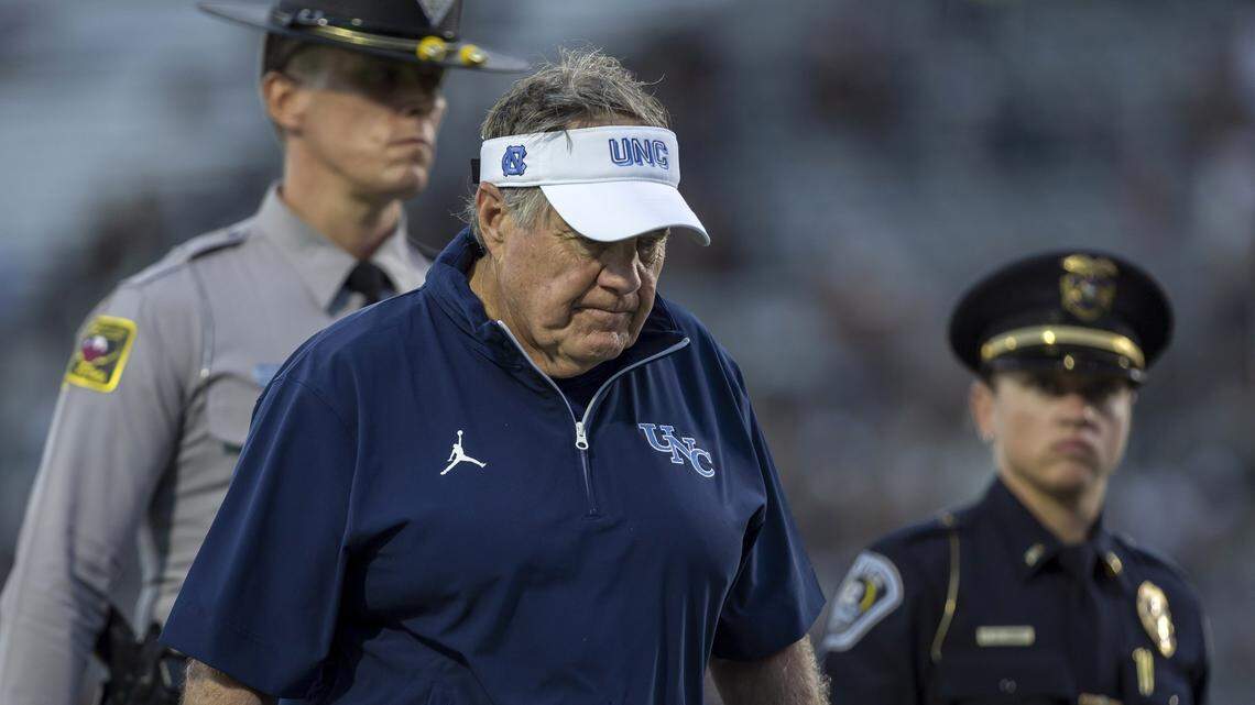 North Carolina coach Bill Belichick leaves the field following the Tar Heels’ 34-9 loss to UCF on Saturday, September 20, 2025 at Acrisure Bounce House Stadium in Orlando, Fla. 