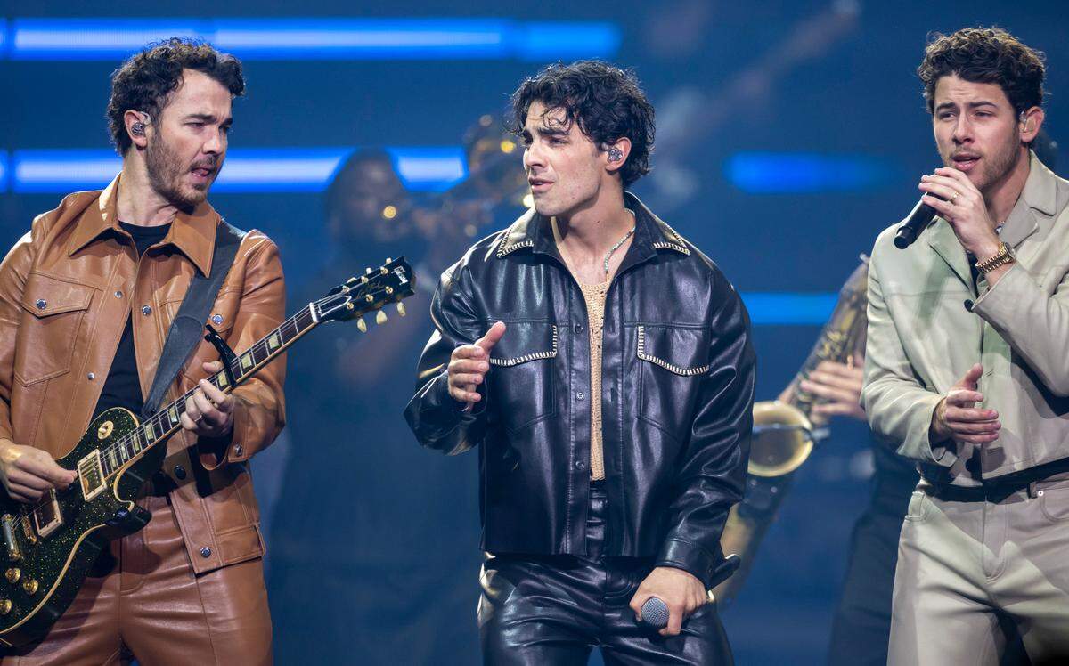 Kevin, Joe and Nick Jonas perform during their “Five Albums, One Night” tour stop at the PNC Arena on Thursday, September 28, 2023 in Raleigh, N.C