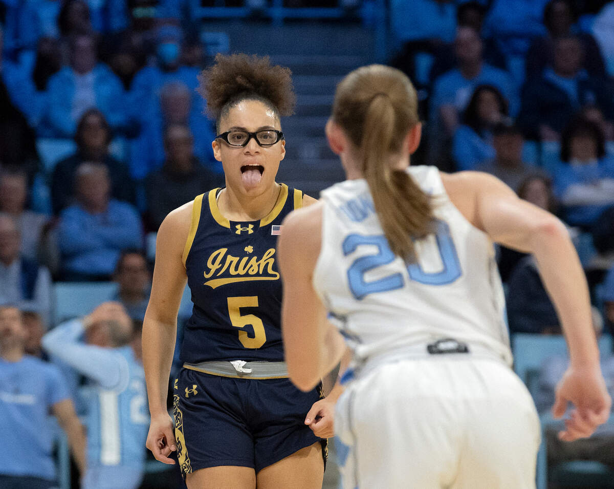 Notre Dame’s Olivia Miles reacts after knocking down a basket during the second half of the Irish’s 76-66 win over North Carolina on Sunday, Jan. 5, 2025, at Carmichael Arena in Chapel Hill, N.C.
