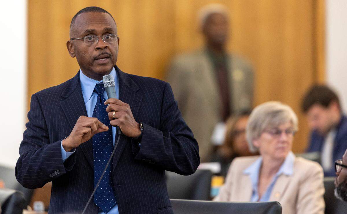 Rep. Robert Reives who represents Chatham and Randolph Counties speaks during the House session debate of House Redistricting, HB 898, on Tuesday, October 24, 2023 in Raleigh, N.C.