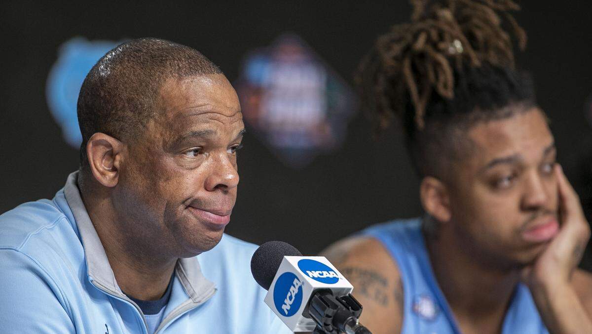 North Carolina coach Hubert Davis and Armando Bacot answer questions from reporters following the Tar Heels’ loss to Kansas in the NCAA Championship game on Monday, April 4, 2022 at Caesars Superdome in New Orleans, La.