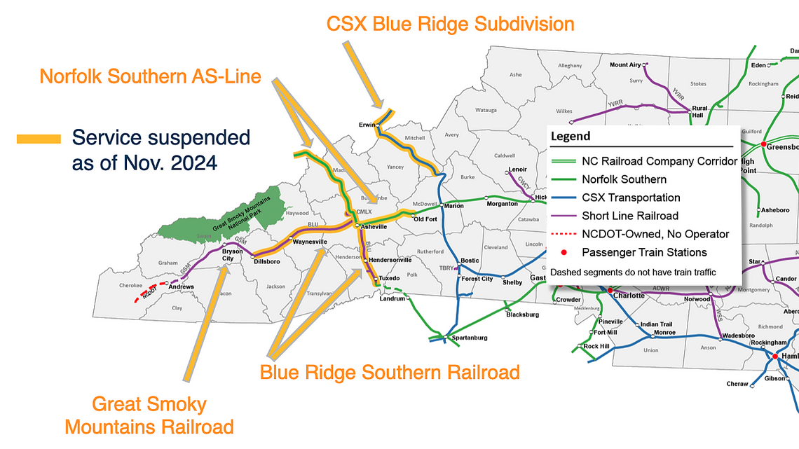 About 230 miles of freight railroad lines were out of service in Western North Carolina because of damage caused by the remnants of Hurricane Helene on Sept. 27, 2024.