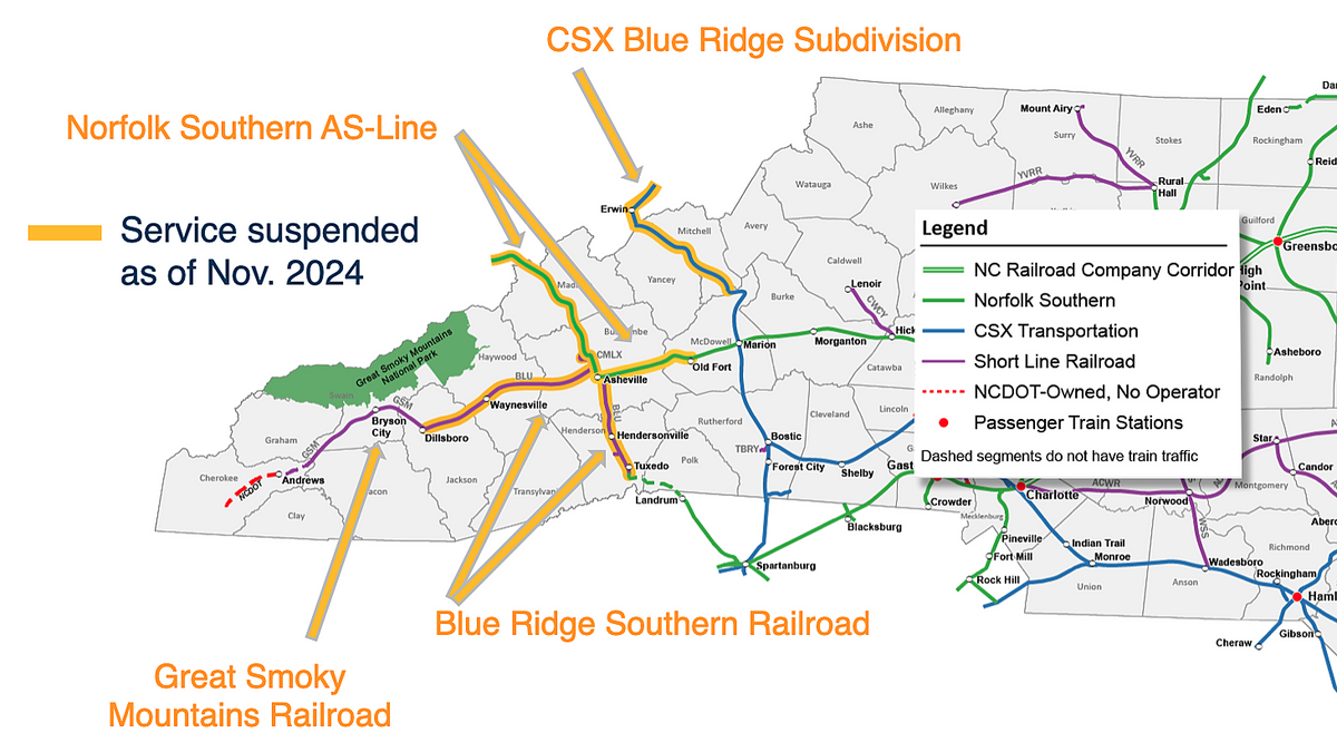 About 230 miles of freight railroad lines remain out of service in Western North Carolina because of damage caused by the remnants of Hurricane Helene on Sept. 27, 2024.