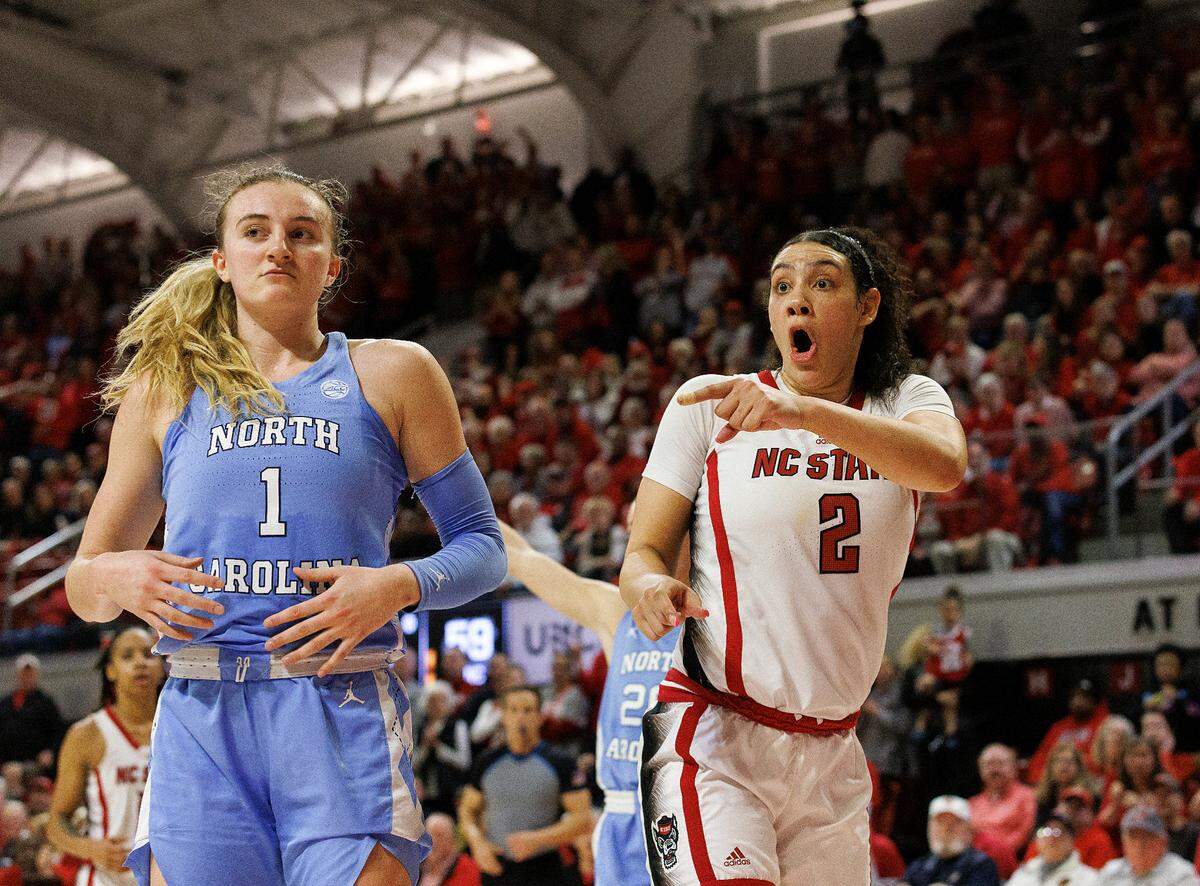 N.C. State’s Mimi Collins reacts after the ball was called out-of-bounds off of the Wolfpack during the second half of N.C. State’s 63-59 win over North Carolina on Thursday, Feb. 1, 2024, at Reynolds Coliseum in Raleigh, N.C.