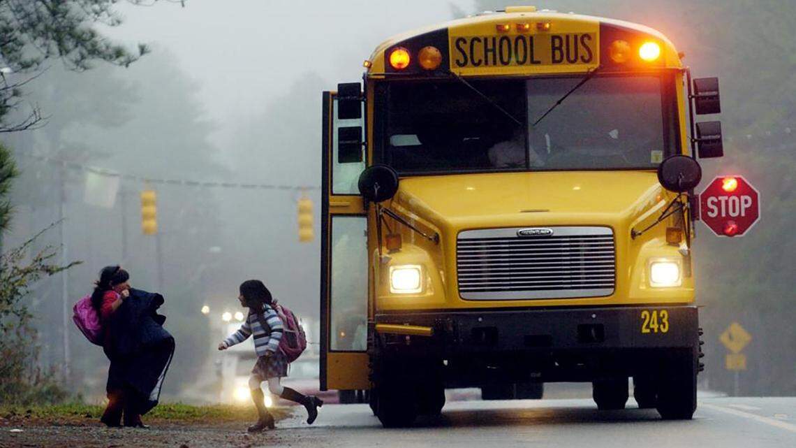 A school bus in North Carolina drops off students. Until 1988, school districts across the state used high school students as bus drivers.