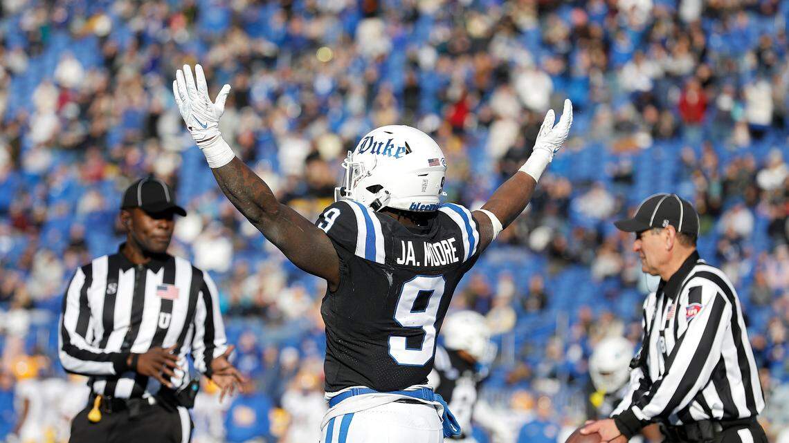 Duke’s Jaquez Moore celebrates after scoring a touchdown during the second half of the Blue Devils’ 30-19 win over Pittsburgh on Saturday, Nov. 25, 2023, at Wallace Wade Stadium in Durham, N.C.