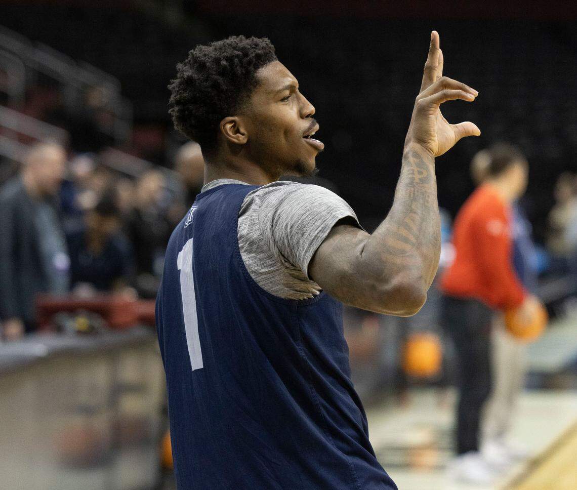 Arizona guard Caleb Love (1) reacts after sinking a three-point basket during the Wildcats open practice as they prepare for their NCAA Sweet 16 game against Duke on Wednesday March 26, 2025 at Prudential Center in Newark, New Jersey.