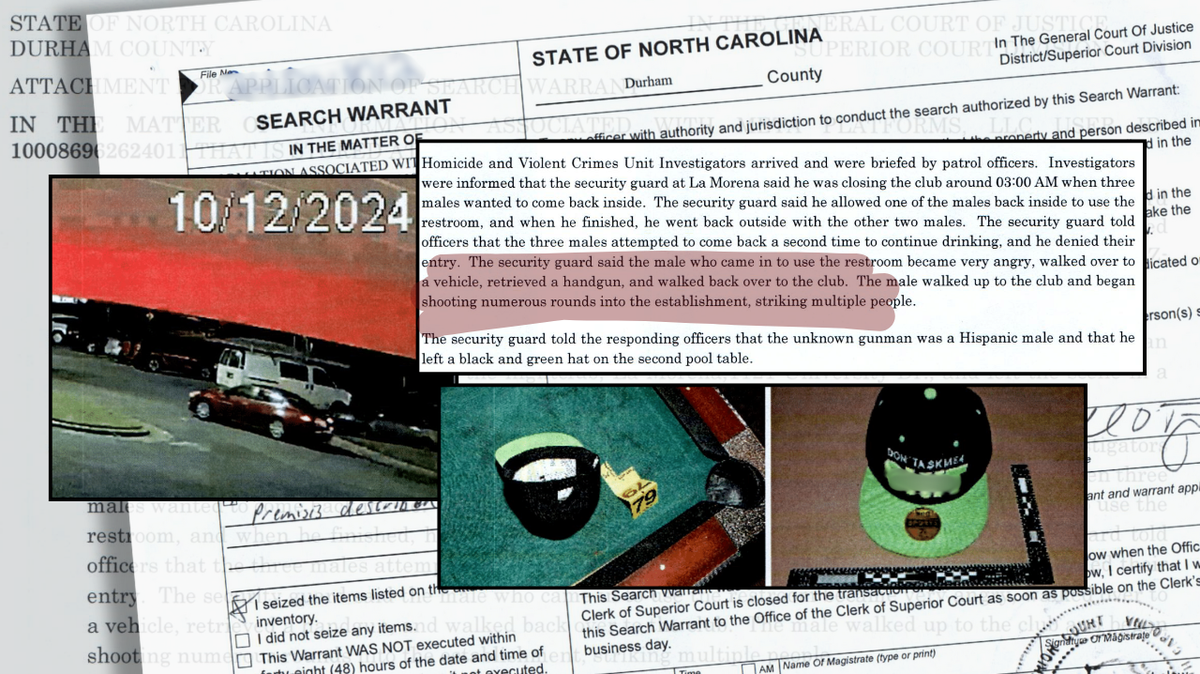 Search warrants show a still from surveillance footage and a distinctive hat left behind after a fatal shooting at La Morena nightclub in Durham on Oct. 12, 2024. A woman was killed and three people were injured in the incident.