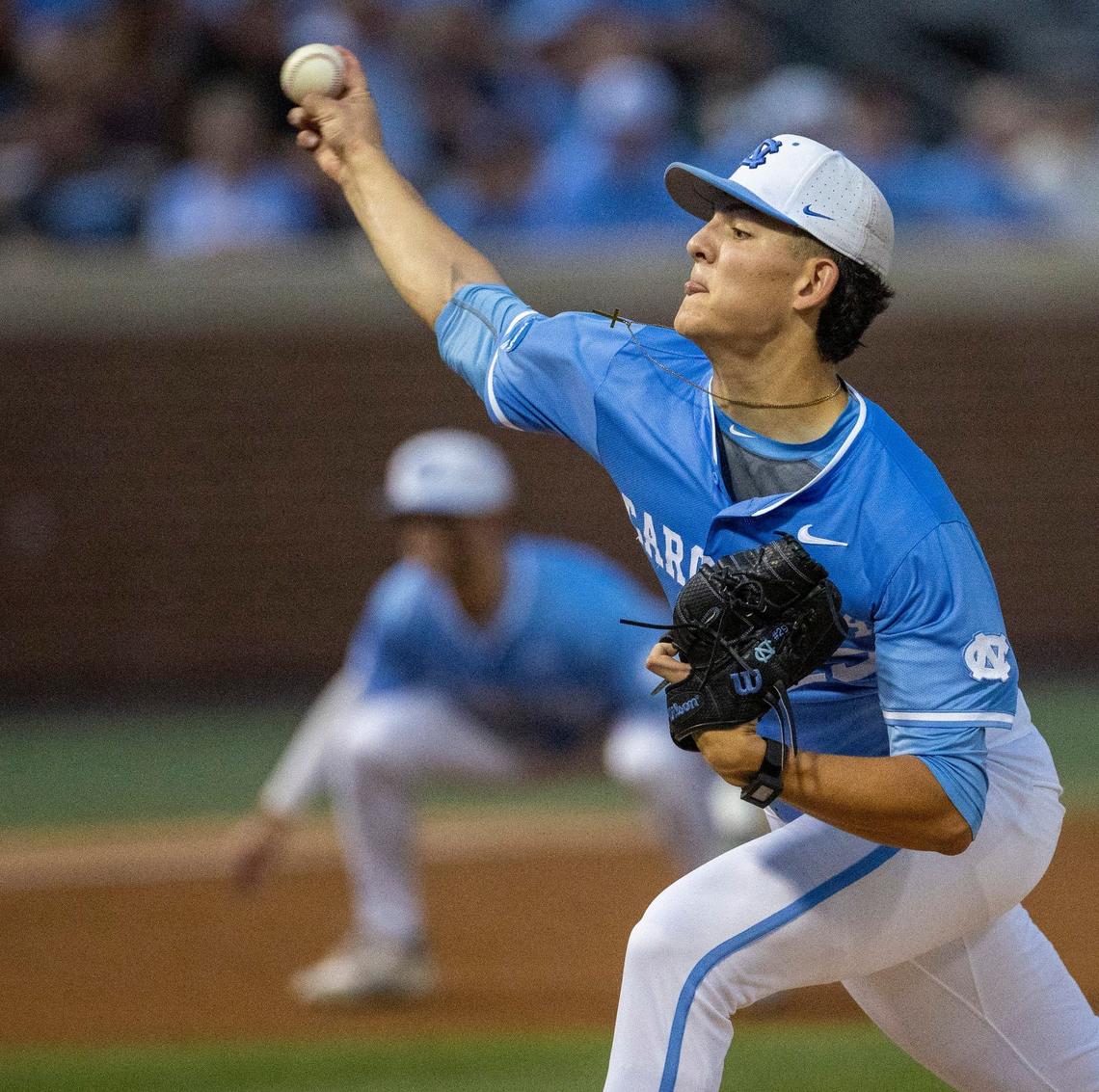 North Carolina starting pitcher Jason Decaro (29) works from the mound in the second inning against West Virginia during the NCAA Super Regional on Saturday, June 8, 2024 at Boshamer Stadium in Chapel Hill, N.C.