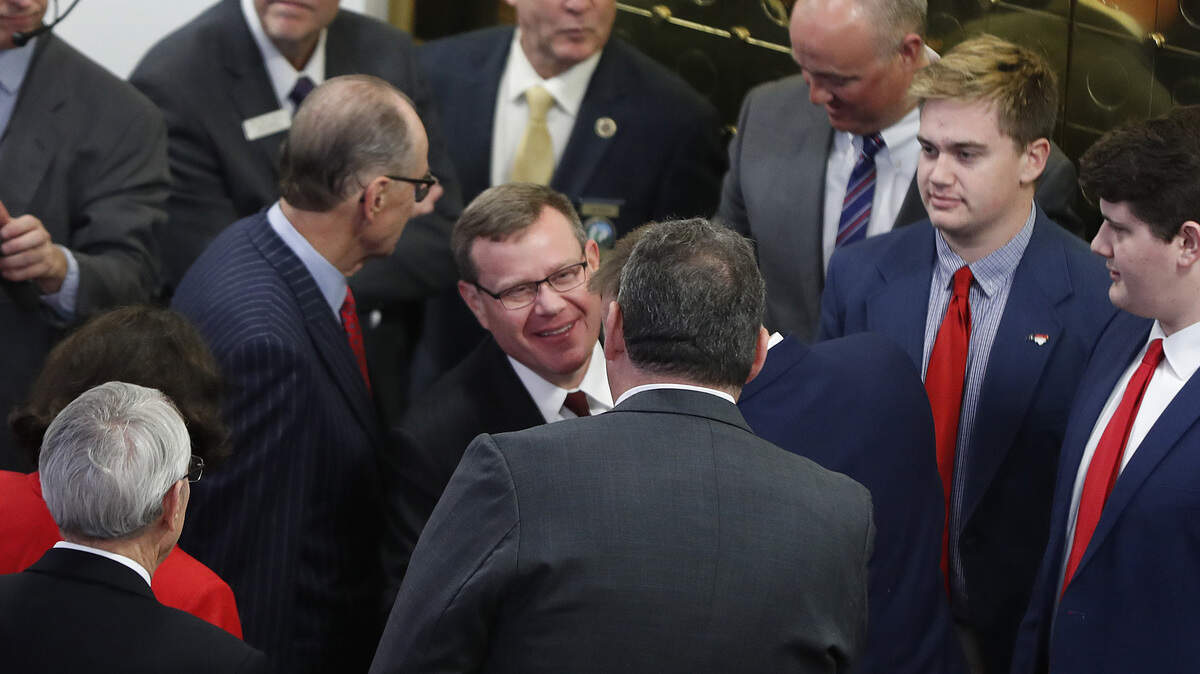 Rep. Tim Moore is congratulated after he was re-elected speaker as the N.C. General Assembly convenes in Raleigh, N.C., Wednesday, January 9, 2019.