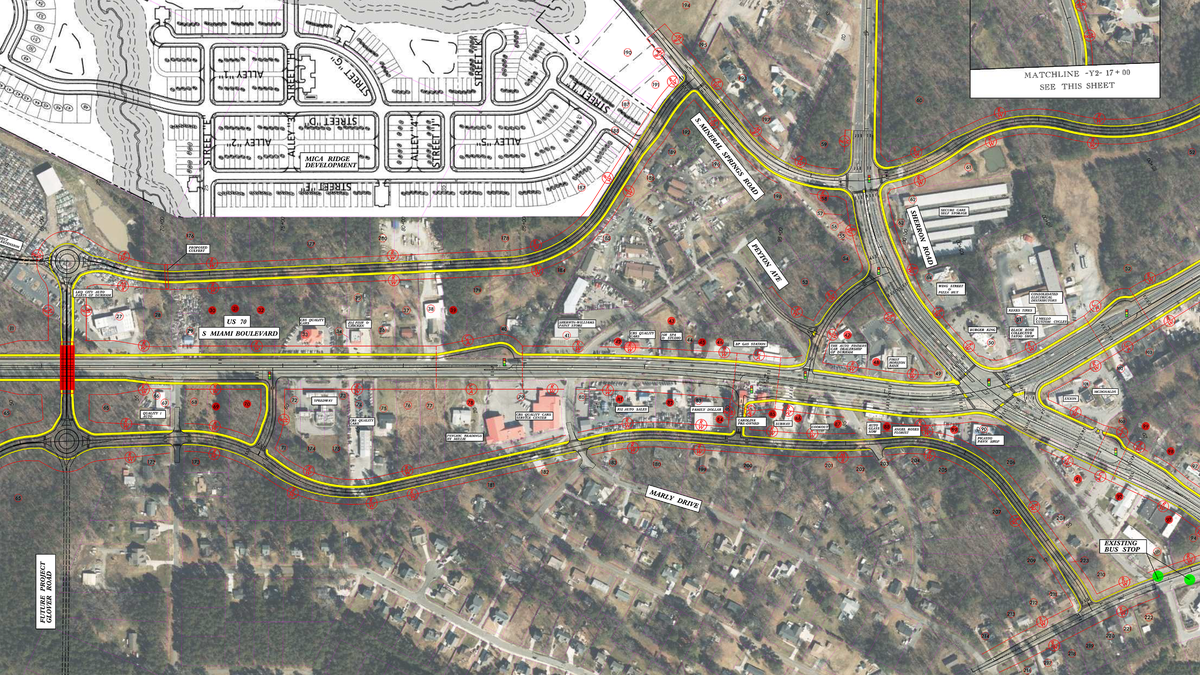 One proposal for overhauling U.S. 70 in Durham includes a series of parallel roads for accessing homes and businesses, as seen in this diagram showing the intersection of South Miami Boulevard and Sherron Road, right. The yellow lines are new sidewalks or multi-use paths.