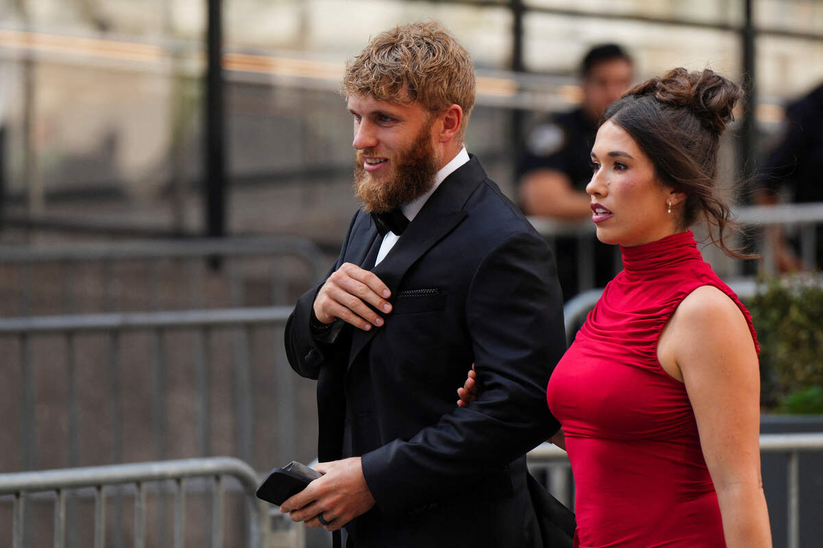 Seattle Seahawks player Cooper Kupp and his wife Anne Marie Kupp arrive at Madison Square Garden, the venue for the reported wedding celebrations of Taylor Swift and Travis Kelce, in New York, U.S., July 3, 2026.