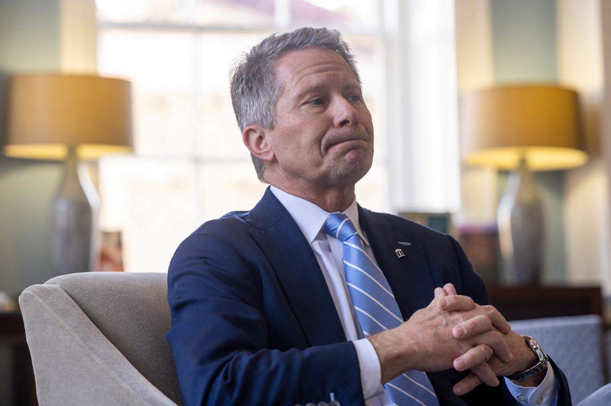 Kevin Guskiewicz reflects on his time as the chancellor of UNC-Chapel Hill during an interview with The News & Observer on Wednesday, Jan.10, 2024. Guskiewicz will leave the university Friday to become the president of Michigan State University.