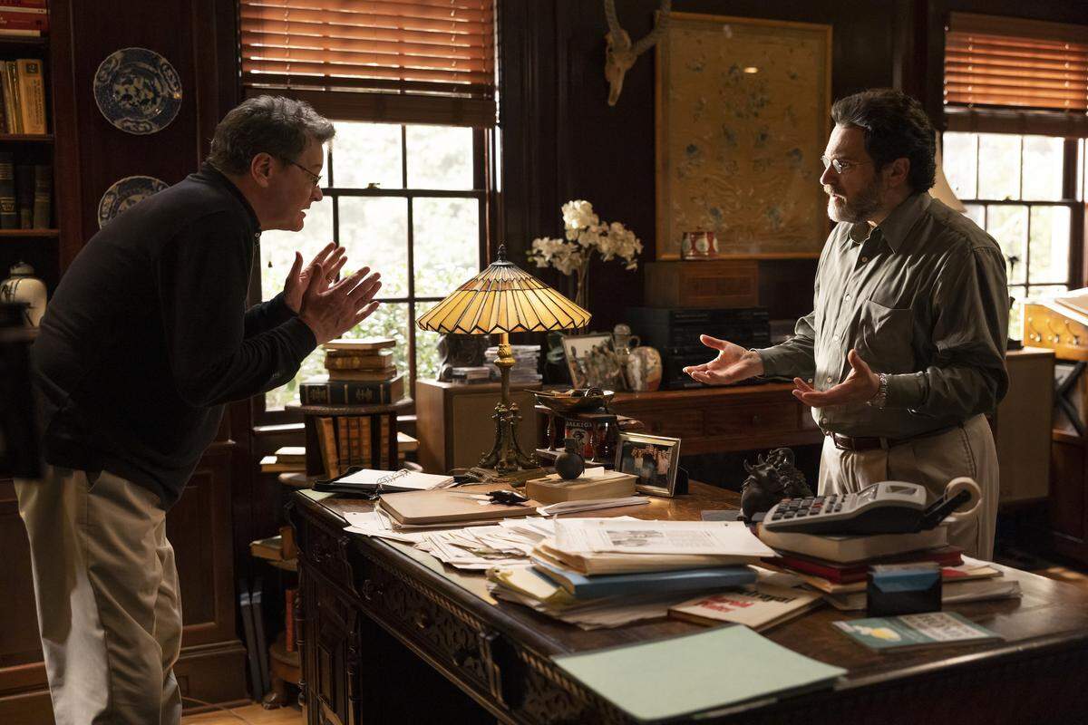 Colin Firth as Michael Peterson and Michael Stuhlbarg as David Rudolf in the HBO Max series “The Staircase.”
