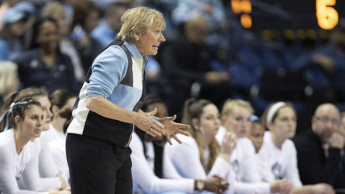 North Carolina coach Sylvia Hatchell directs her players on offense during the first half against Georgia Tech on Thursday, March 7, 2019 during the ACC Tournament at the Greensboro Coliseum in Greensboro, N.C.