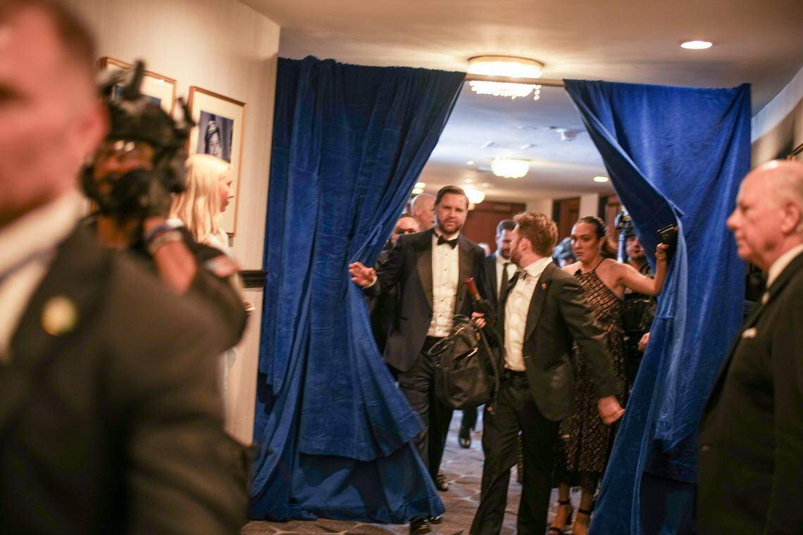 U.S. Vice President JD Vance is escorted after an incident at the annual White House Correspondents Association Dinner April 25, 2026 in Washington, DC. According to reports, President Donald Trump, along with other government officials, were evacuated from the Washington Hilton after what sounded like gun fire. 