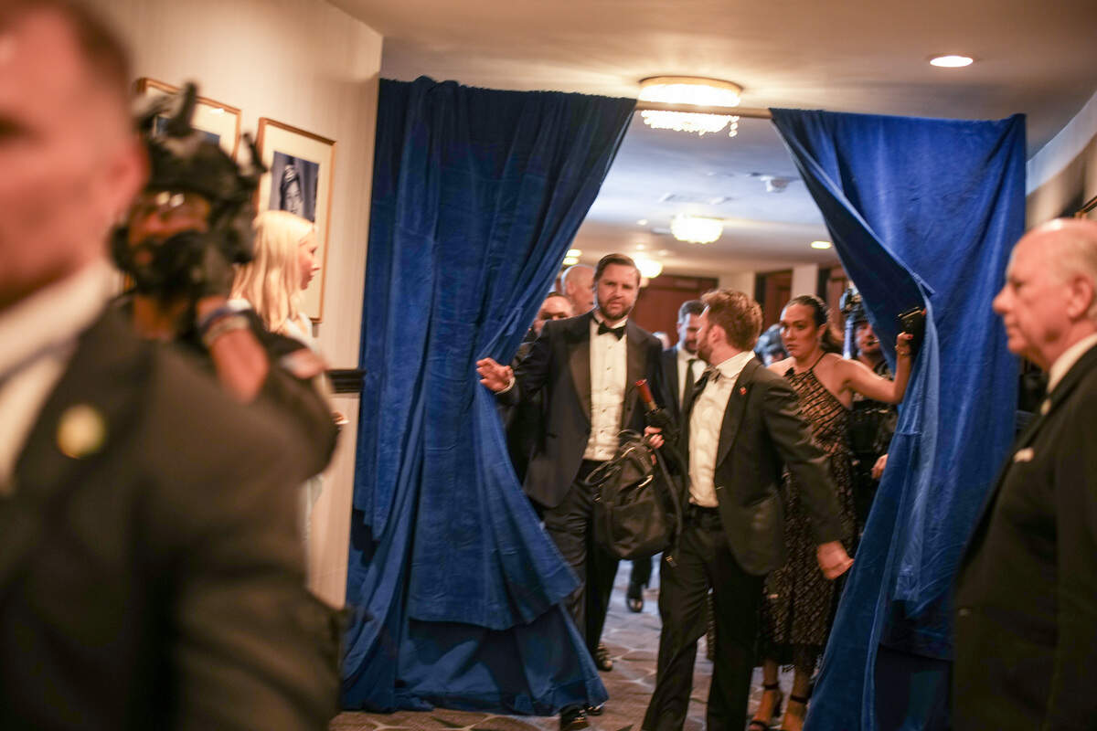 U.S. Vice President J.D. Vance is escorted after an incident at the annual White House Correspondents’ Association Dinner April 25, 2026, in Washington, DC. According to reports, President Donald Trump, along with other government officials, were evacuated from the Washington Hilton after what sounded like gun fire. 