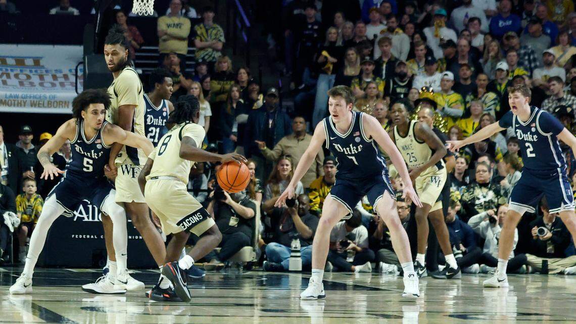 Duke goes zone against Wake Forest during the second half of Duke’s 63-56 victory over Wake Forest at LJVM Coliseum in Winston-Salem, N.C., Saturday, Jan. 25, 2025.