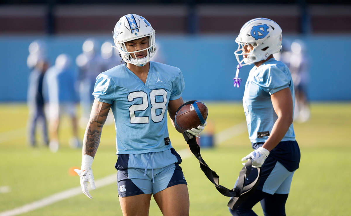 North Carolina running back Omarion Hampton (28) prepares to run through a drill during the Tar Heels’ opening day of spring football practice on Tuesday, March 19, 2024 in Chapel Hill, N.C.