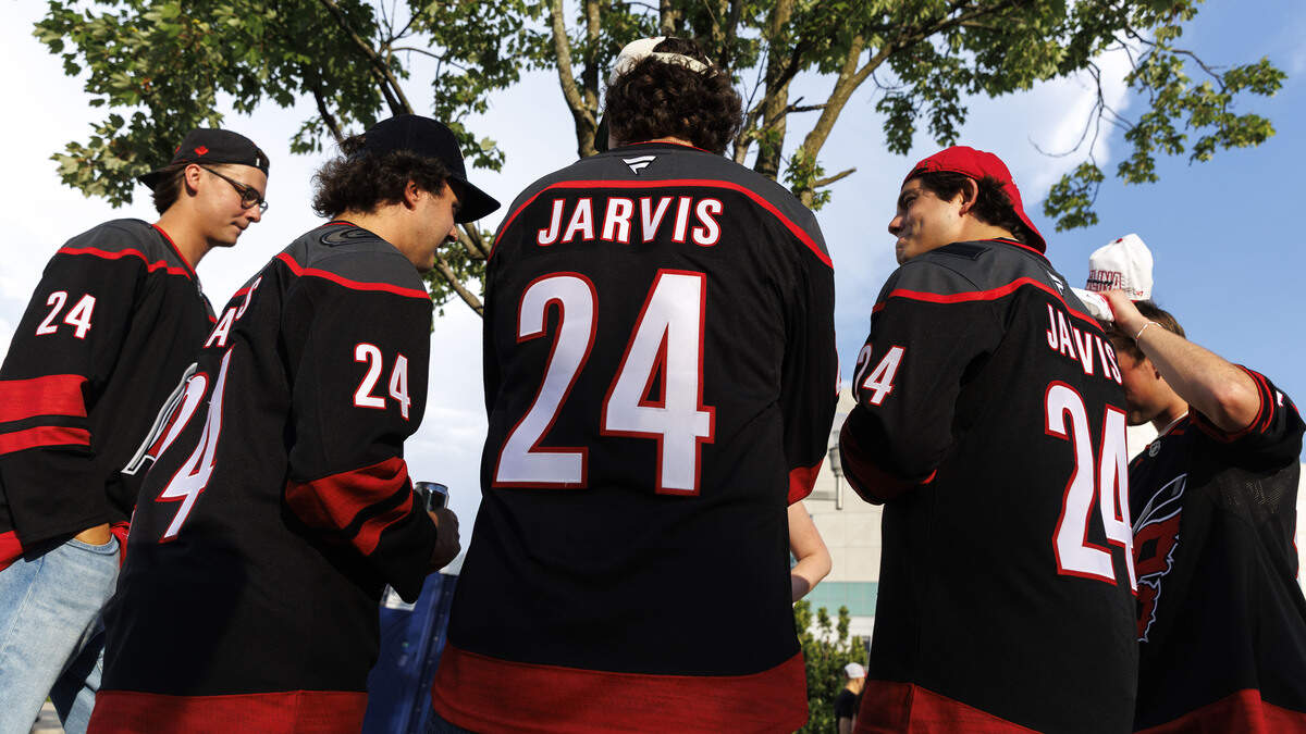 Lucas Humble, Noah Wagner, Lucas Fry, Sloan Tremblay, Bryan Hanna (left to right) and Matt McLeod (not pictured) represented Carolina Hurricanes forward and their friend Seth Jarvis by sporting his #24 jersey while in the parking lot outside the Lenovo Center on June 11, 2026, in Raleigh, North Carolina. The Carolina Hurricanes take on the Vegas Golden Knights for Game 5 of the Stanley Cup Final. 
