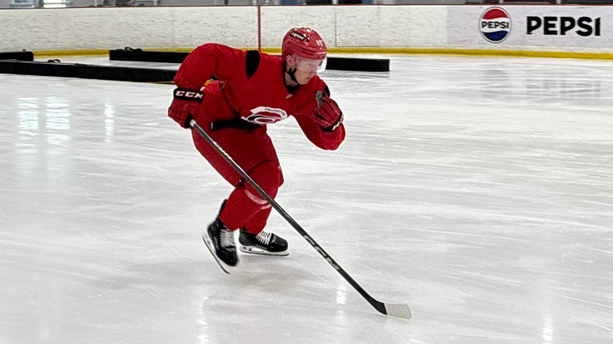 Carolina Hurricanes prospect Ivan Ryabkin goes through a skating drill at Invisalign Arena in Morrisville on Monday, the first day of the team’s prospect development camp. The Hurricanes took the Russian center with the 62nd pick in the NHL draft Saturday.