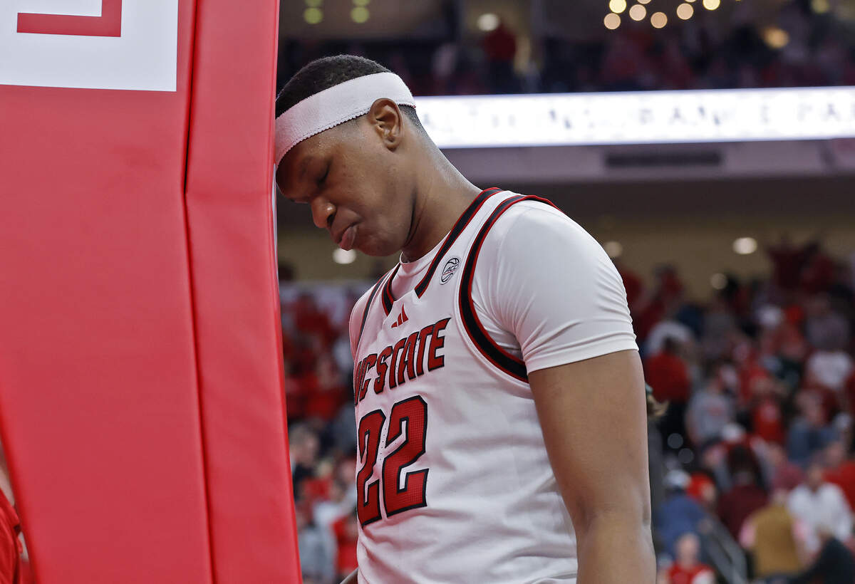 N.C. State’s Ven-Allen Lubin reacts following the Wolfpack’s 77-76 loss to Miami on Saturday, Feb. 14, 2026, at Lenovo Center in Raleigh, N.C.