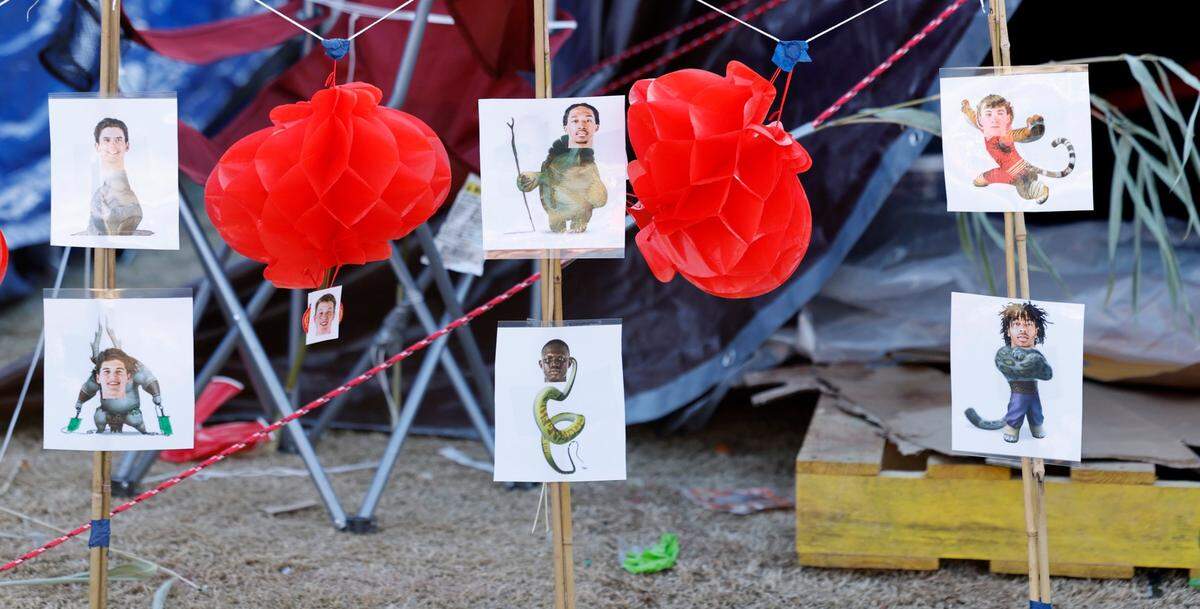 Decorations outside tents in Krzyzewskiville at Duke University in Durham, N.C., Tuesday, Jan. 28, 2025.