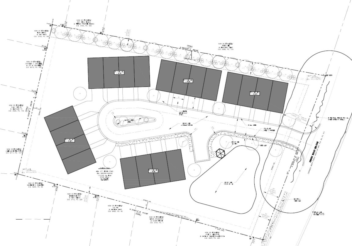 Plans for 271 Erwin Road show multiple townhome buildings located around a single driveway off Erwin Road, just north of Sage Road in Chapel Hill. The three-story townhomes could be for sale and for rent, the developer said.