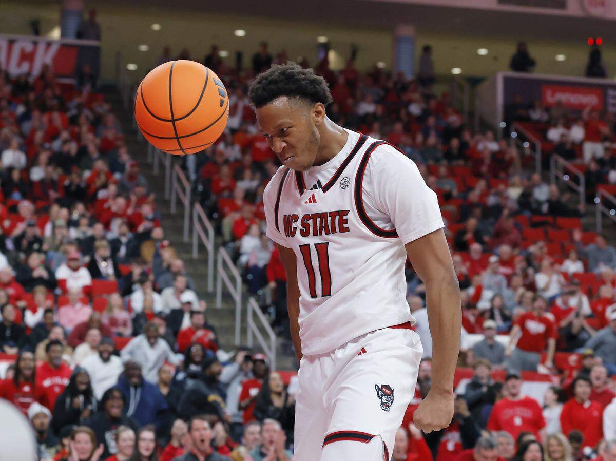 N.C. State’s Quadir Copeland reacts after dunking the ball during the second half of the Wolfpack’s 88-68 win over Syracuse on Tuesday, Jan. 27, 2026, at Lenovo Center in Raleigh, N.C. 