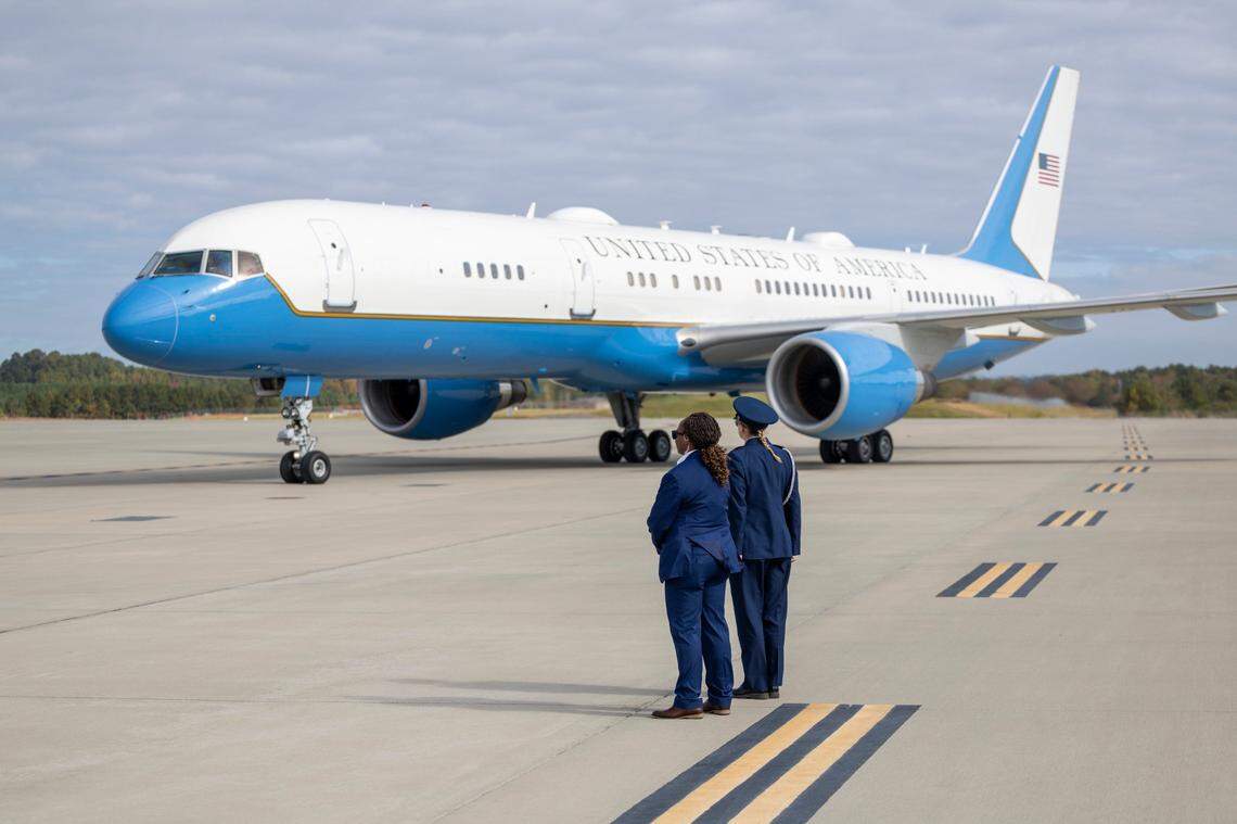 Vice President Kamala Harris arrives on Air Force 2 at Raleigh-Durham International Airport prior to a campaign rally at Coastal Credit Union Music Park at Walnut Creek in Raleigh on Wednesday, October 30, 2024.