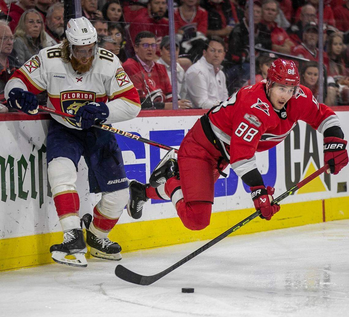 The Carolina Hurricanes Martin Necas (88) dives after the puck in the third period against the Florida Panthers during Game 2 of the Eastern Conference Finals on Saturday, May 20, 2023 at PNC Arena in Raleigh, N.C.