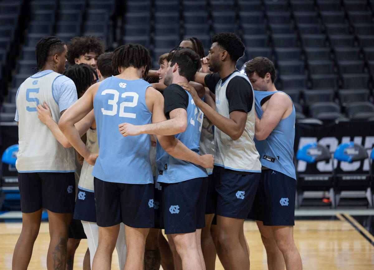 The Tar Heels huddle together during their practice on Wednesday, March 27, 2024 at Crypto.com Arena in Los Angeles, CA.