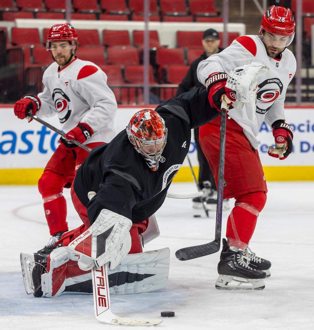 Carolina Hurricanes goalie Frederik Andersen (31) stops a scoring attempt by left wing William Carrier (28) on Friday, May 2, 2025 at Lenovo Center in Raleigh, N.C.