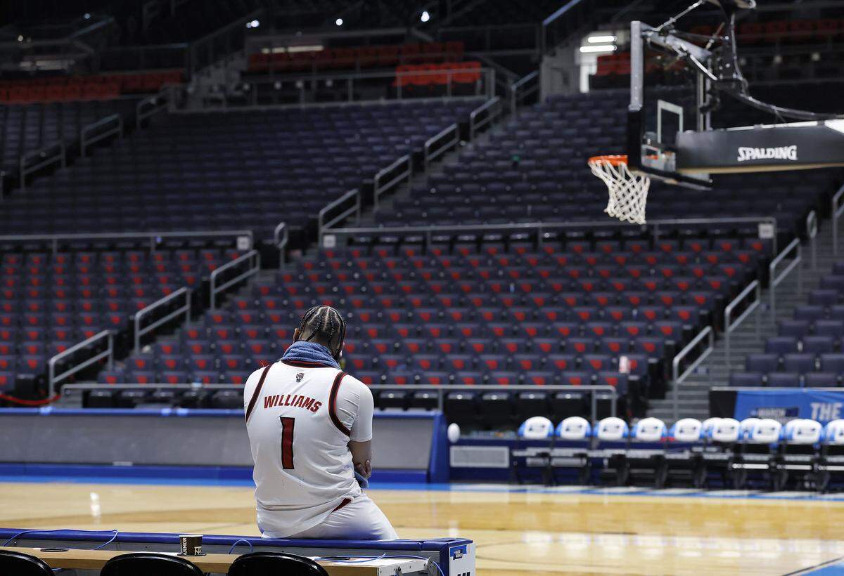 N.C. State’s Darrion Williams sits in an empty University of Dayton Arena following the Wolfpack’s 68-66 loss to Texas in the NCAA First Four on Tuesday, March 17, 2026, at the  in Dayton, Ohio. 