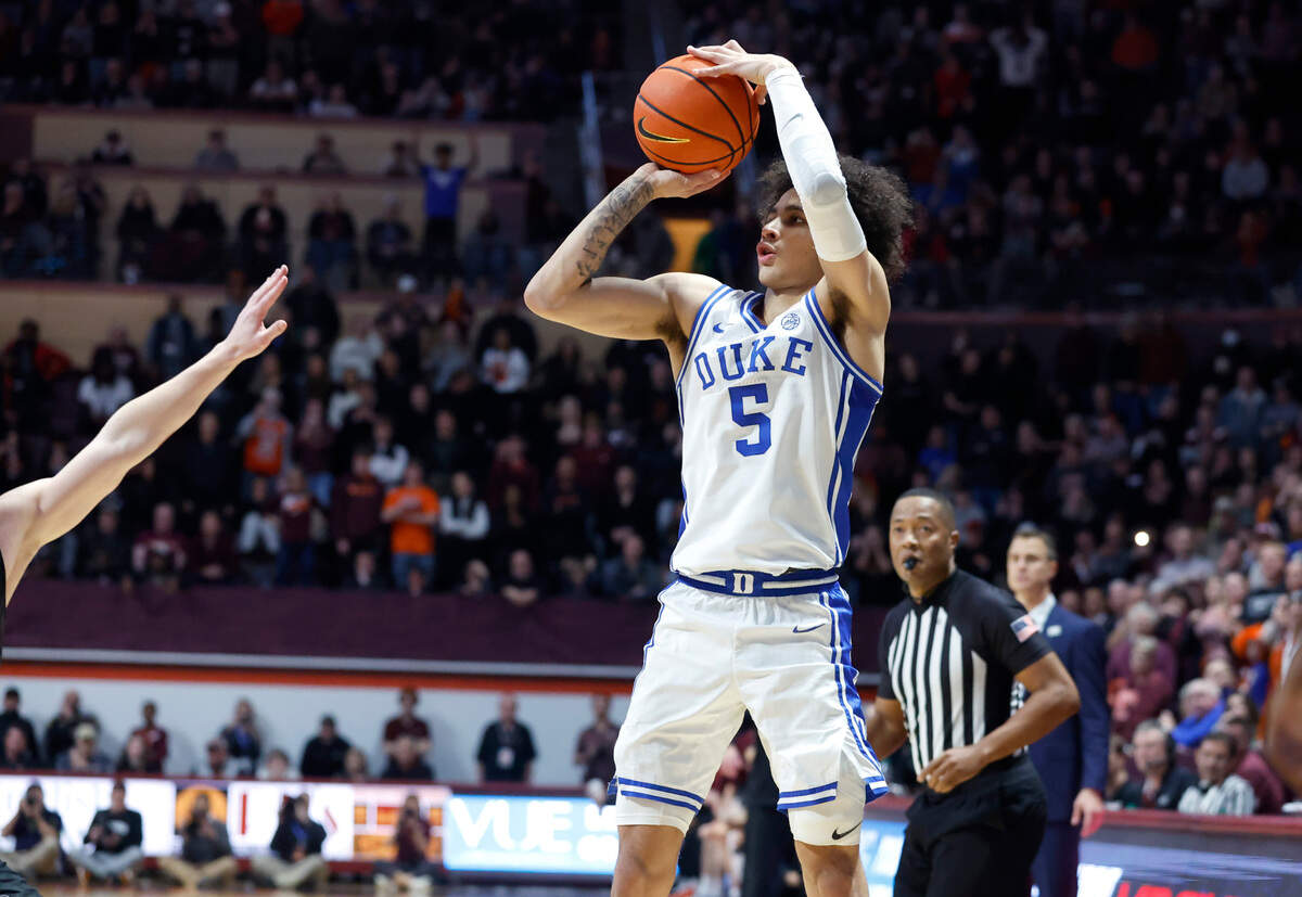 With six seconds left in the game, Duke’s Tyrese Proctor (5) attempts a three-pointer that doesn’t fall during Virginia Tech’s 78-75 victory over Duke at Cassell Coliseum in Blacksburg, VA., Monday, Jan. 23, 2023.