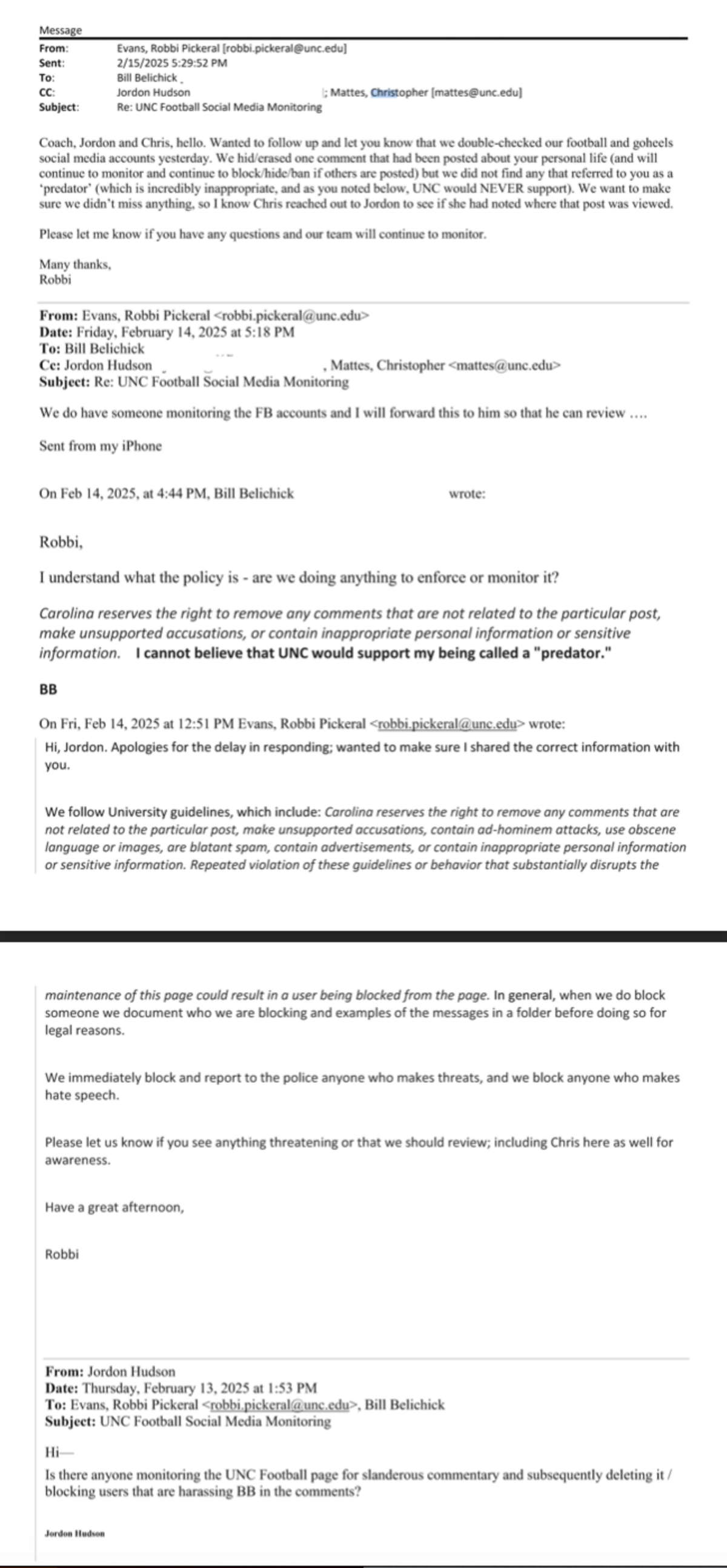 Jordon Hudson was concerned about social media users “harassing” Bill Belichick.