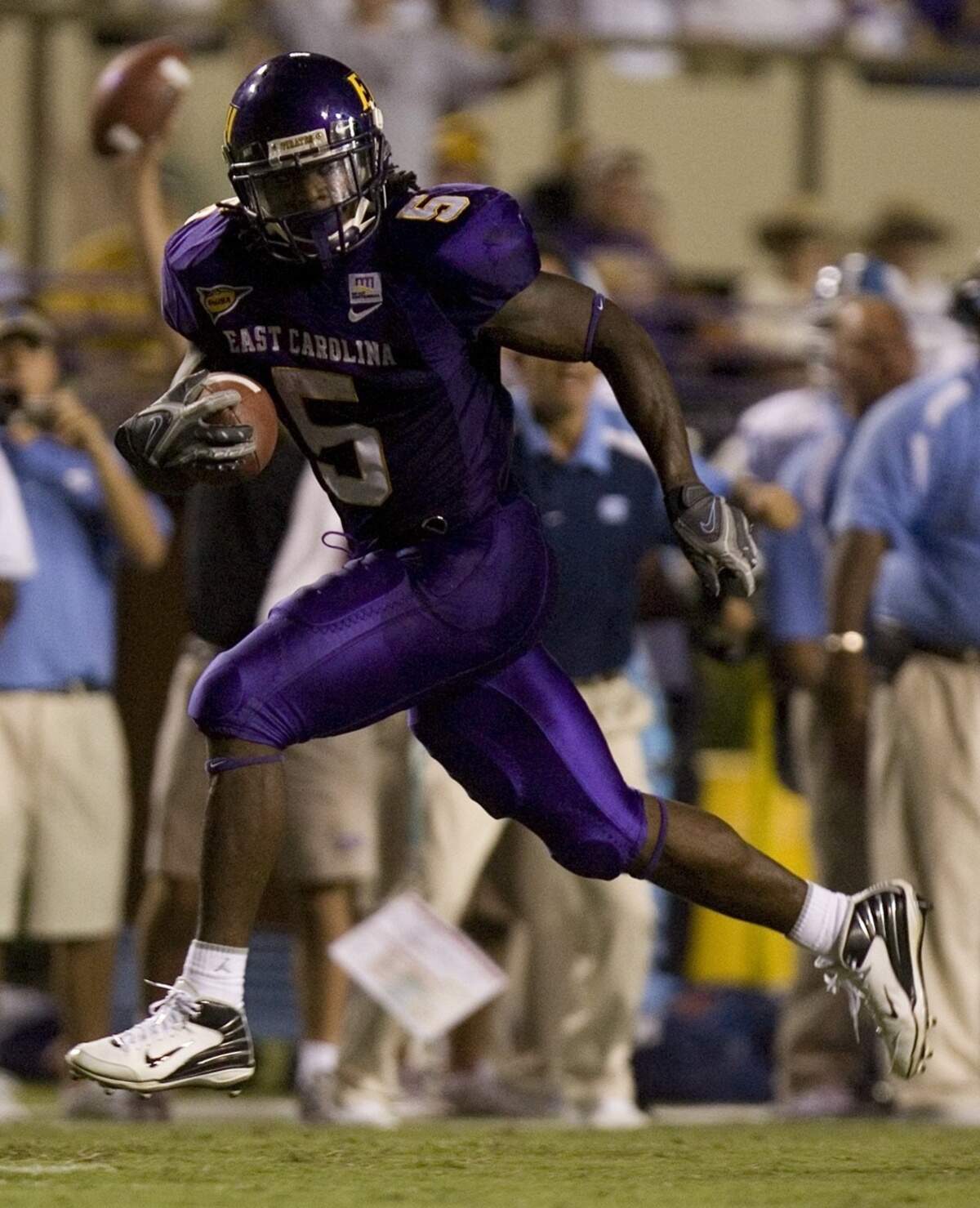 East Carolina's Chris Johnson (5) sprints into the end zone to score agains North Carolina on Sept. 8, 2007, in Greenville. Johnson revealed on “Good Morning America” June 29, 2026, that he has ALS.
