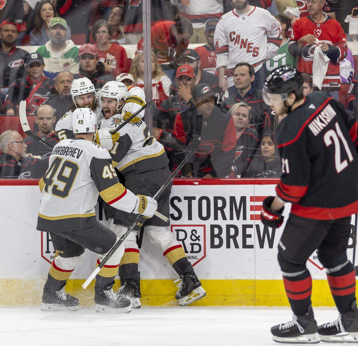 Vegas center Brett Howden (21) celebrates with teammates after scoring to take a 2-0 lead in the second period in Game 2 of the Stanley Cup Final, on Thursday, June 4, 2026 at Lenovo Center in Raleigh, N.C. 