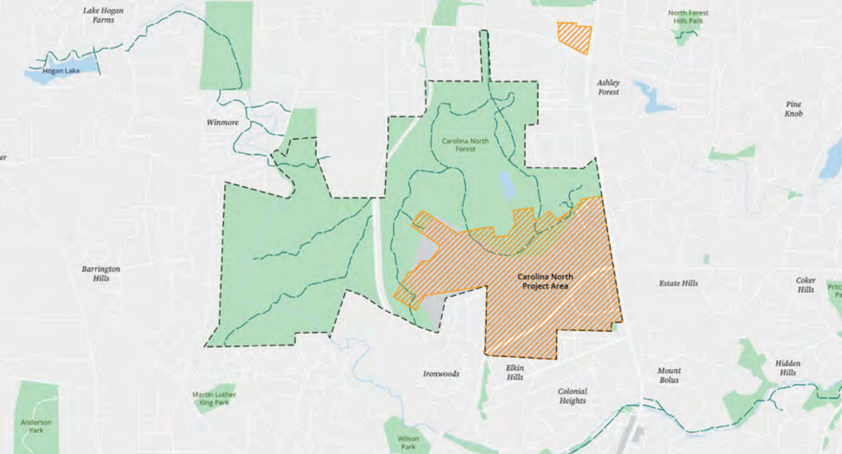 A map of the Carolina North site, as seen in a presentation to the Stakeholder Advisory Committee on June 8, 2026.