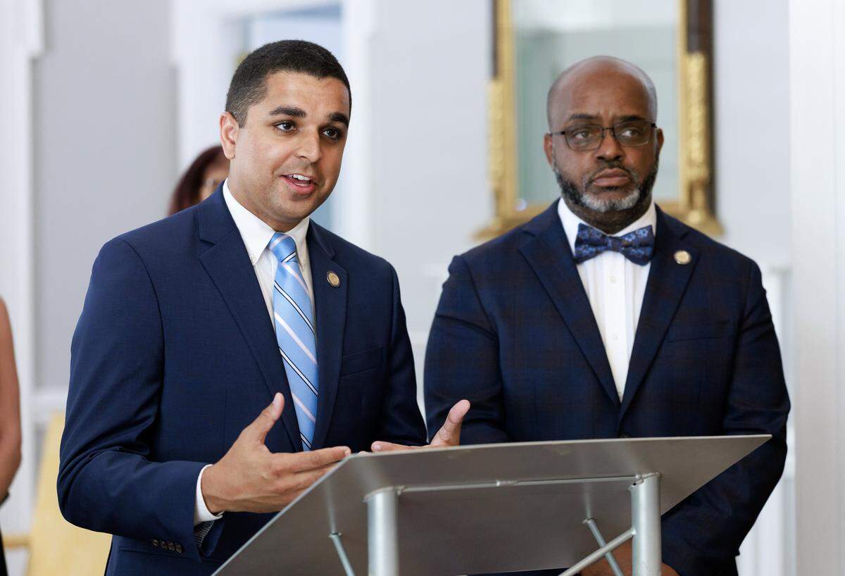 N.C. Rep. Dante Pittman speaks about the effects of potential federal cuts to Medicaid during a press conference at the North Carolina Democratic Party headquarters on Thursday, May 22, 2025, in Raleigh, N.C.