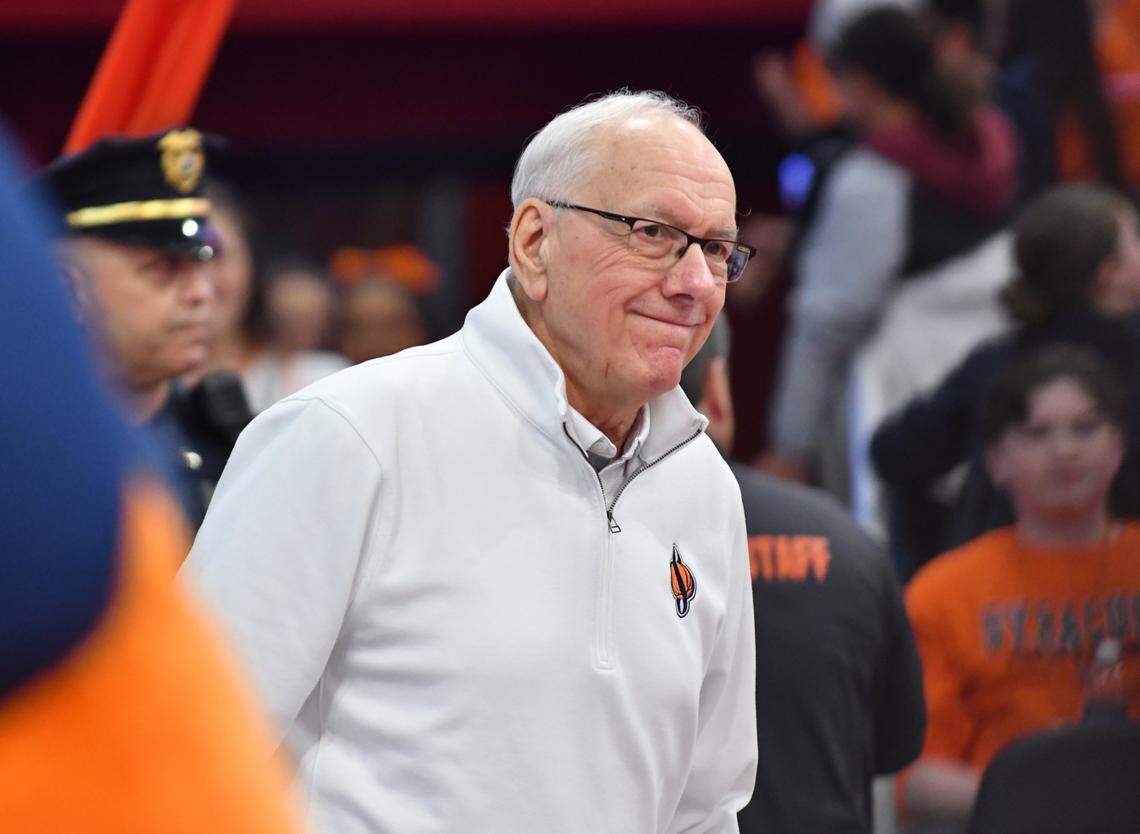 Syracuse Orange head coach Jim Boeheim enters the court before a game against the Wake Forest Demon Deacons at JMA Wireless Dome.
